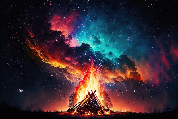 Fantasy colorful skyhigh bonfire with night sky in background created with generative ai