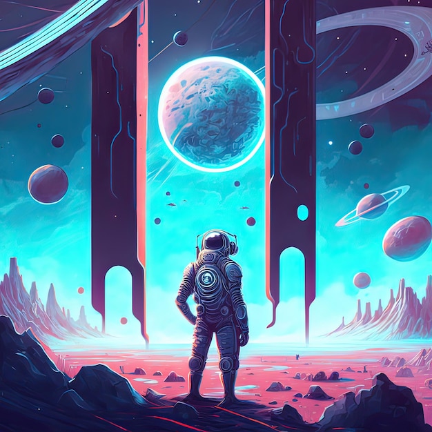 Fantasy concept of an Astronaut on planet surface with space background astronaut walk on the moon wear cosmosuit future concept Digital art style illustration painting