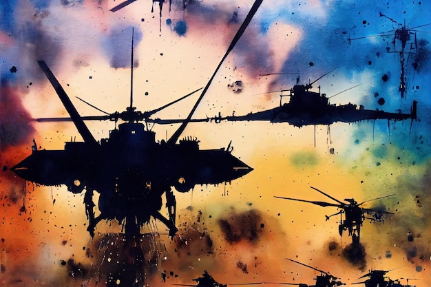 Fantasy concept of Military helicopter at sunset horizontal side view skyline Pastell colors digital art style illustration painting