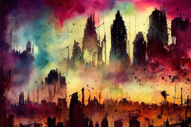 Fantasy concept of a Ruined Cityscape horizontal side view skyline Pastell colors