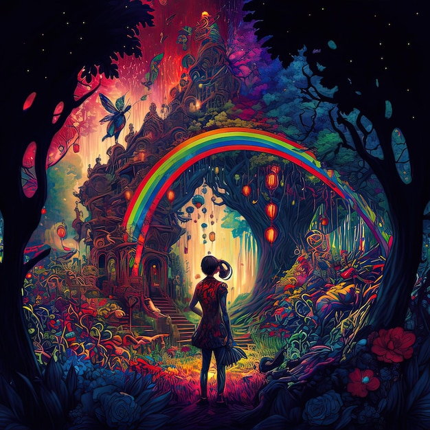 Fantasy concept showing a big colorful rainbow in a enchanted fantasy garden Digital art painting