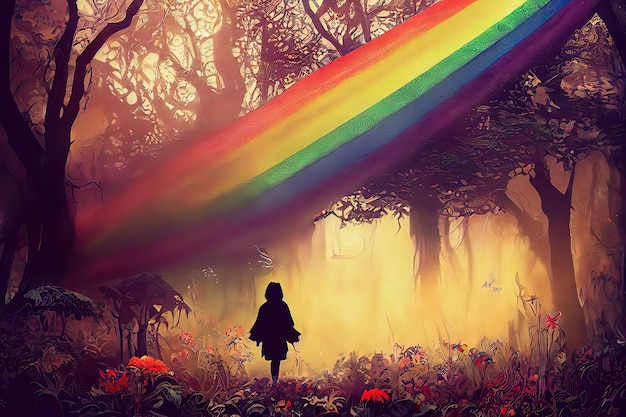 Fantasy concept showing a big colorful rainbow in a enchanted fantasy garden Digital art painting