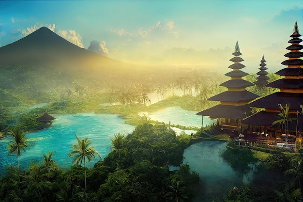 Fantasy concept showing a Famous Bali hotels digital art painting horizontal side view