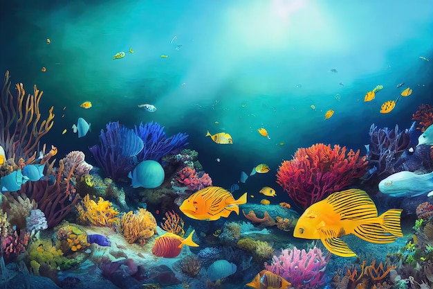 Fantasy concept showing a Great Barrier Reef Australia A colorful array of underwater wildlife