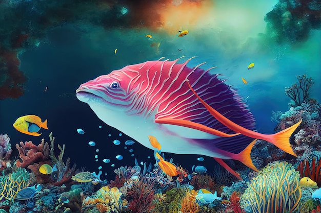 Fantasy concept showing a Great Barrier Reef Australia A colorful array of underwater wildlife