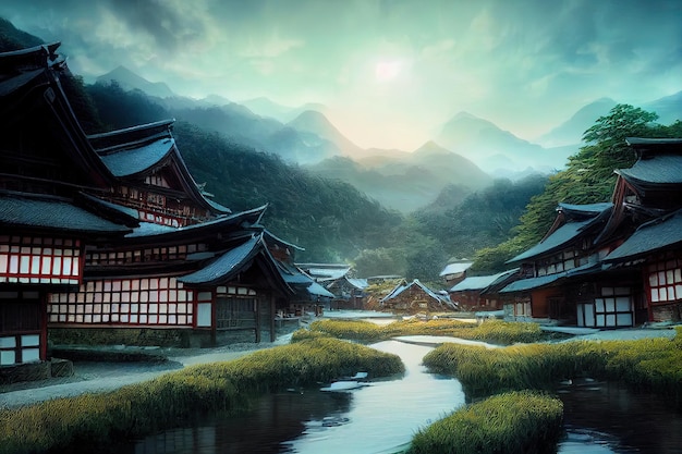 Fantasy concept showing a Shirakawago Village Japan Cozy homes with thatched roofs