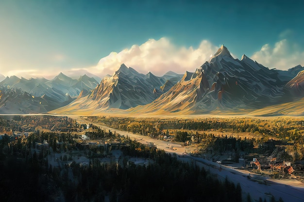 Fantasy concept showing a Telluride USA Small town village in Colorado by historic architecture on main street mountain view digital art style illustration painting