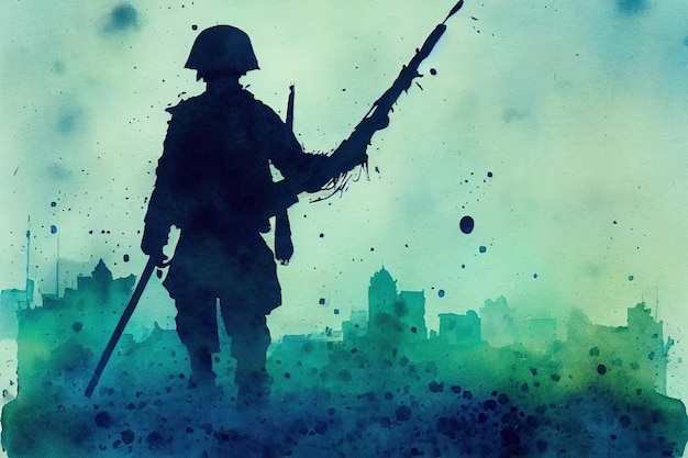 Fantasy concept of a soldier standing alone after the war in battlefield digital art style illustration painting