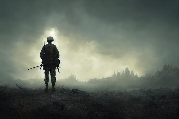 Fantasy concept of a soldier standing alone after the war in battlefield digital art style illustration painting