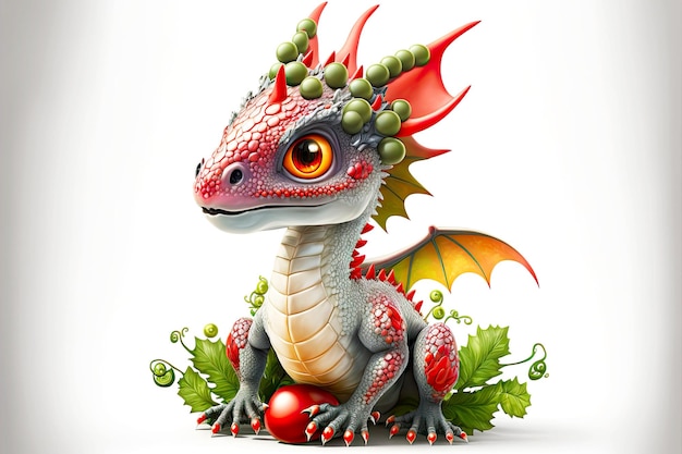 Fantasy creature of cute little dragon with red nose on white background generative ai