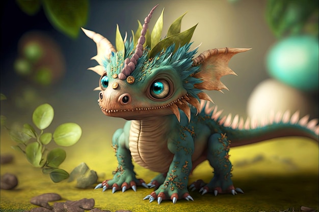 Fantasy creature in form of cute little dragon with flat snout generative ai