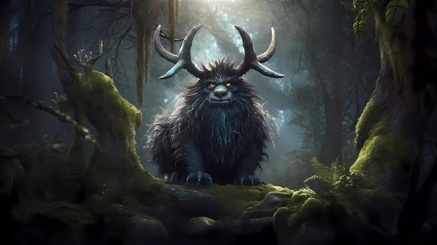 A fantasy creature with horns and horns stands in a forest.