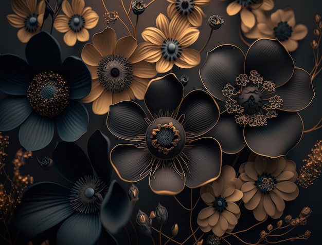 Fantasy dark black and golden plants and glowing flowers Full frame background top view close up