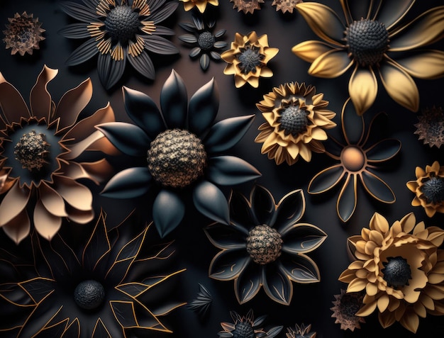 Fantasy dark black and golden plants and glowing flowers Full frame background top view close up