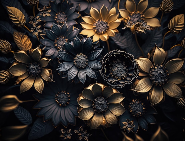 Fantasy dark black and golden plants and glowing flowers Full frame background top view close up