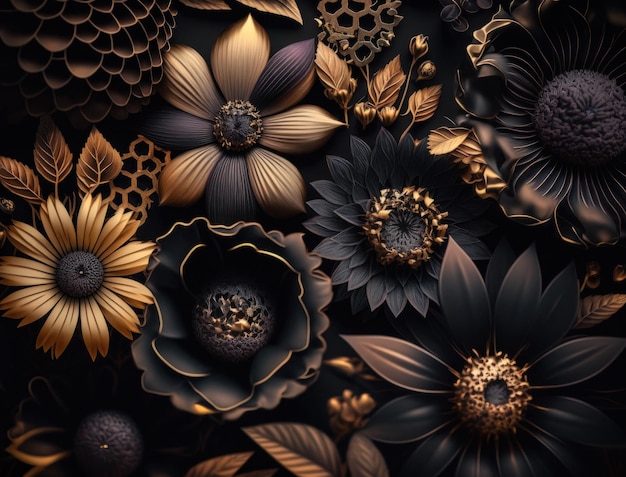 Fantasy dark black and golden plants and glowing flowers Full frame background top view close up