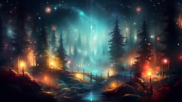 Fantasy dark shiny forest with fog trees and lights Christmas background