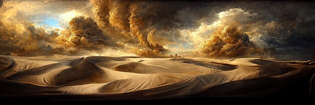 Fantasy desert landscape, sandstorm, sands, dunes. Empty desert landscape, dramatic sky clouds