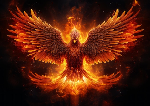 A fantasy digital painting featuring a fire phoenix bird glowing with fire