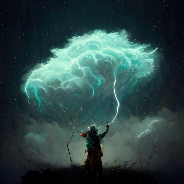 Fantasy druid calling a thunderstorm