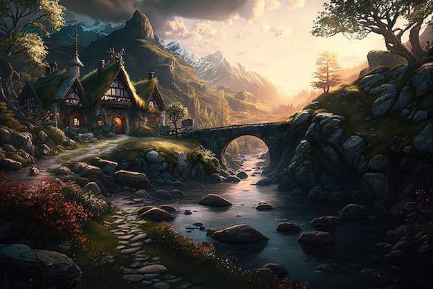 Fantasy Dwarven Village in the mountains next to a ravine with a rushing river and stone bridge