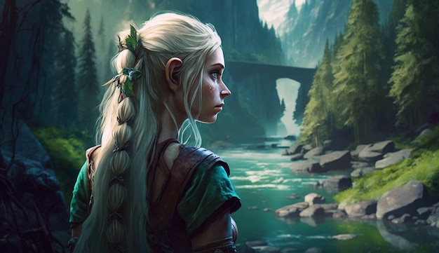 Fantasy elf river in the forest ai generator art image