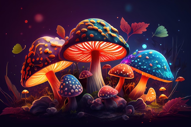 Fantasy enchanted fairy tale forest with magical Mushrooms Beautiful macro shot of magic mushroom