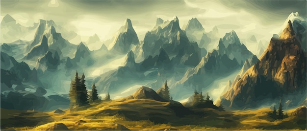 Fantasy epic magic mountain landscape Mystical winter valley valley Panoramic view of big mountains Mountains