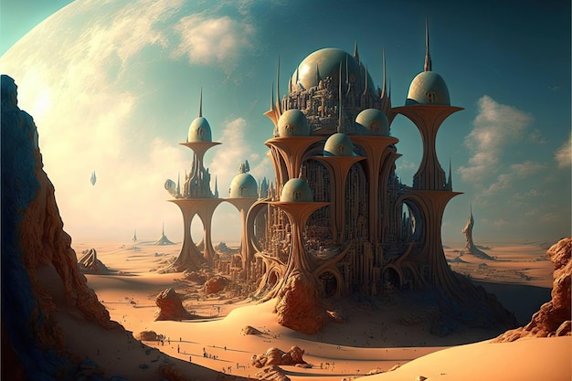 Fantasy extraterrestrial landscape with alien castle created with generative ai