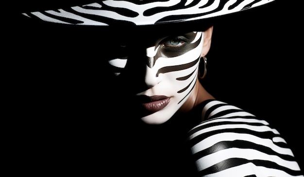 Fantasy face painting zebra look in white and black AI generated