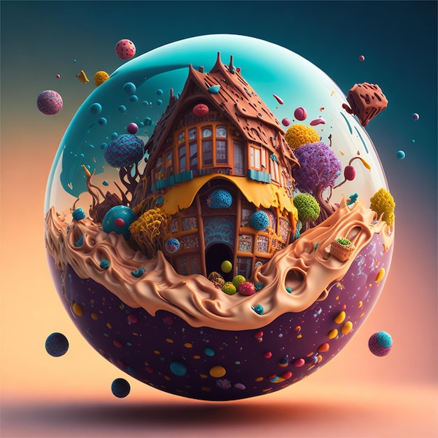 Fantasy Fairy candy house floating in sphere with chocolate sweets lollipops