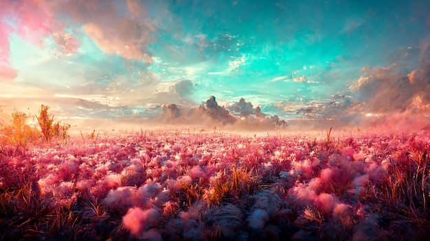 Fantasy fairy field of flowers in valley against Rocky Mountains