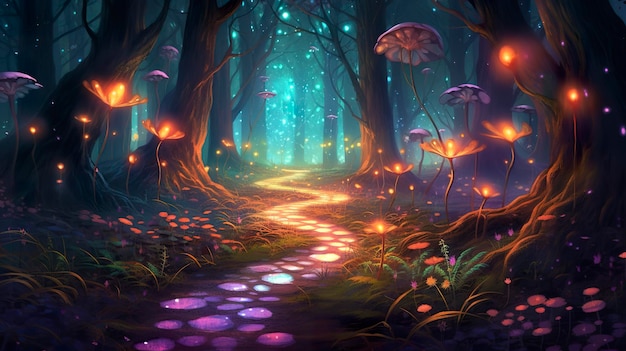 Fantasy fairy tale background with forest and blooming path Fabulous fairytale outdoor garden and moonlight background AI Generative