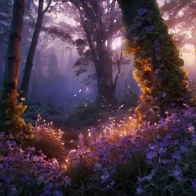 Photo fantasy fairy tale wallpaper with flame smoke purple forest blooming flowers and plants