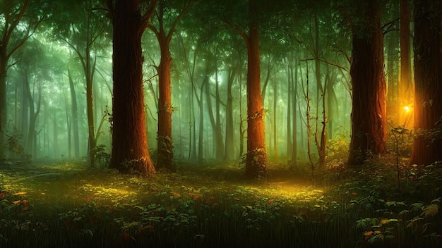 Fantasy fairytale magical forest sunny evening light through the branches of trees Magical trees in a wooded area Haze at sunset plants moss and grass in the forest 3d illustration