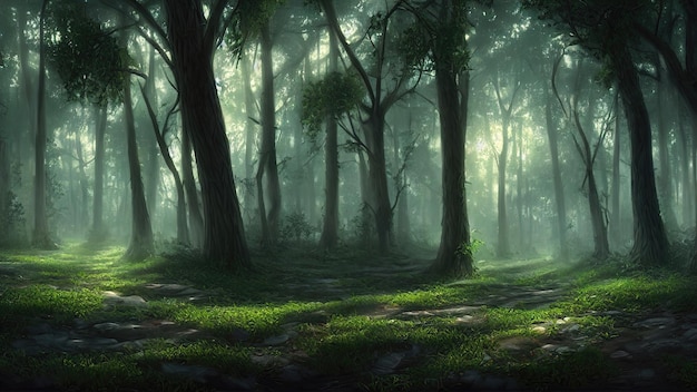 Fantasy fairytale magical forest sunny evening light through the branches of trees Magical trees in a wooded area Haze at sunset plants moss and grass in the forest 3d illustration