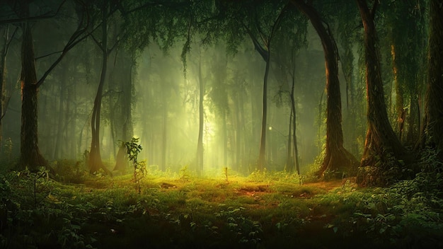 Fantasy fairytale magical forest sunny evening light through the branches of trees Magical trees in a wooded area Haze at sunset plants moss and grass in the forest 3d illustration