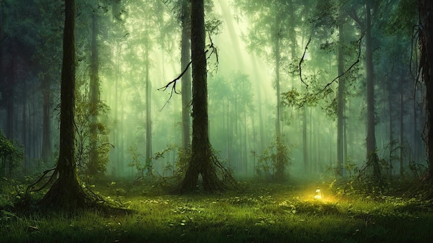 Fantasy fairytale magical forest sunny evening light through the branches of trees Magical trees in a wooded area Haze at sunset plants moss and grass in the forest 3d illustration