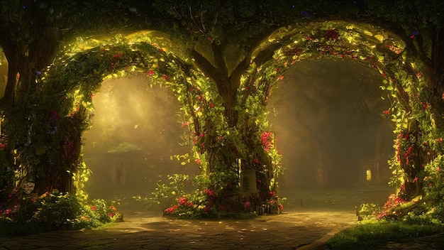 Fantasy fairytale portal in forest sunny evening light through the branches of trees Magical portal in a wooded area Haze at sunset plants moss and grass in the forest 3d illustration