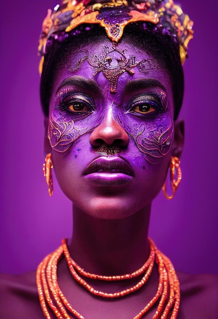 Fantasy fictional beauty fashionable ebony woman with purple makeup Creative beautiful girl