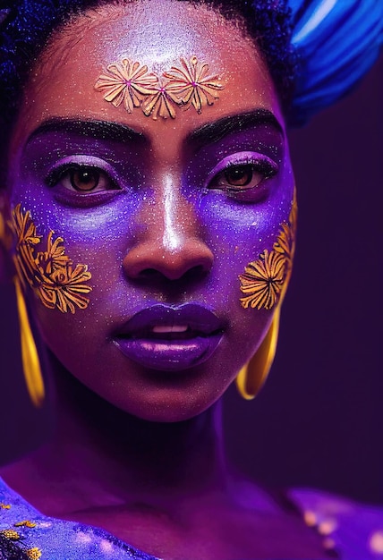 Fantasy fictional beauty fashionable ebony woman with purple makeup Creative beautiful girl