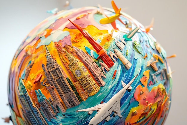 Photo fantasy floating city with global landmarks and cultural architecture on a miniature world surround