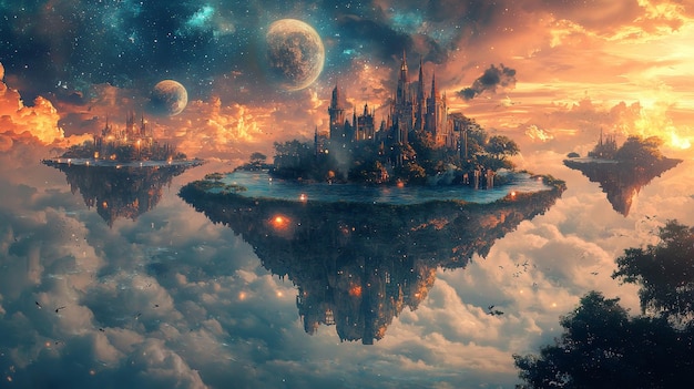 Photo fantasy floating island castle in the clouds with moons and stars