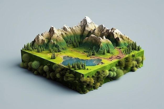 fantasy floating island with mountains trees and animals on green grass isolated with clouds