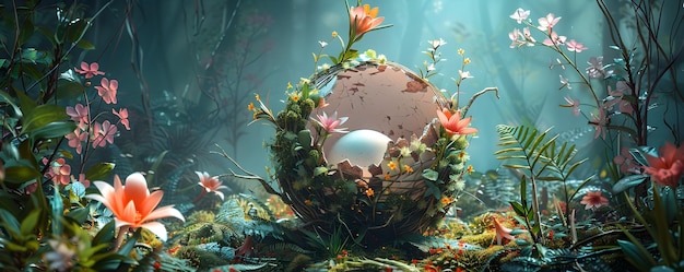 Photo fantasy floral basket with cracked eggshells and vibrant leaves