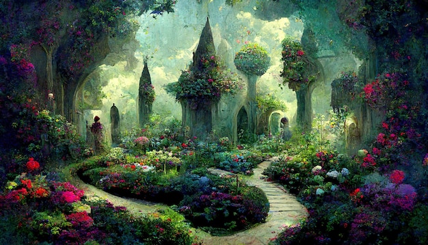 Fantasy floral garden concept art illustration