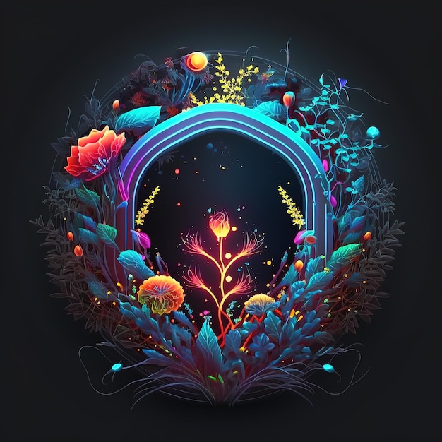 Fantasy floral scifi neon portal Flower plants with neon illumination