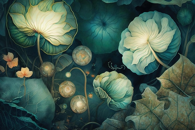 Fantasy flowers background delicate floral pattern in forest illustration generative AI