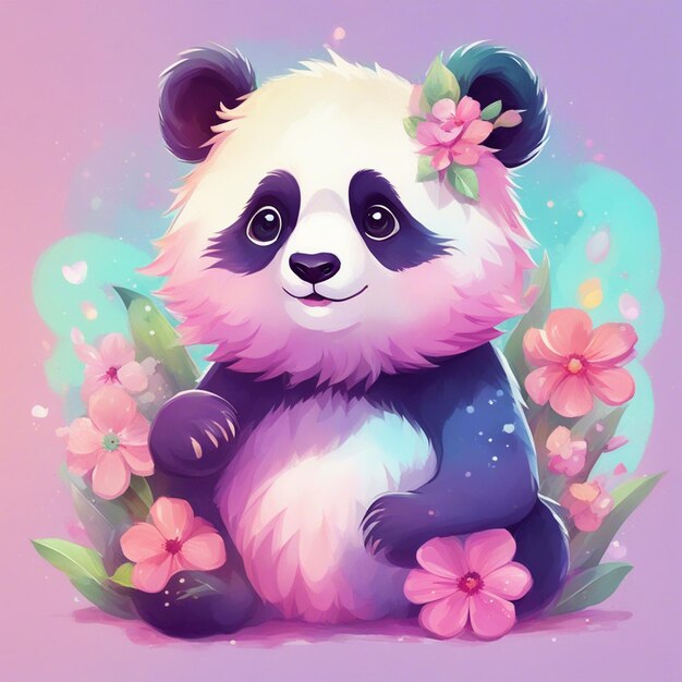 Fantasy Flowers Splash with cute panda T Shirt Design Art