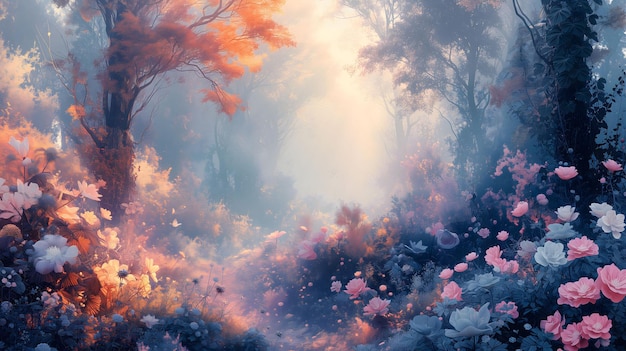 Fantasy Forest Bathed in Mist with Autumnal Tinged Foliage